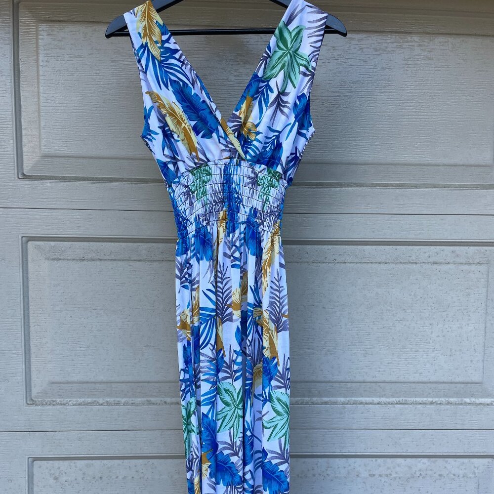 Tropical Floral Maxi Dress Smocked Waist Resortwear No Wrinkle Travel